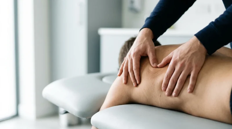 Physiotherapist's thumbs pressing a tender knot next to the shoulder blade of someone lying on a treatment couch