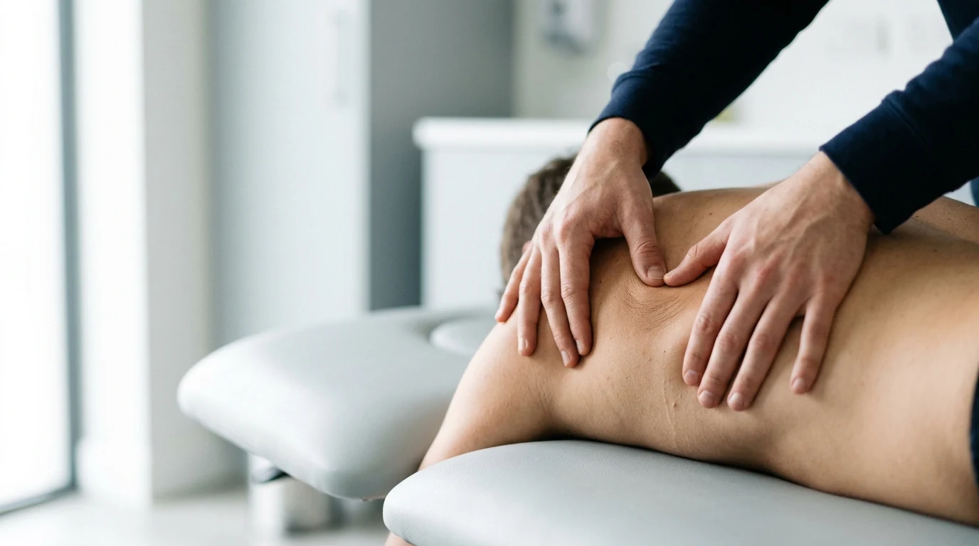 Physiotherapist's thumbs pressing a tender knot next to the shoulder blade of someone lying on a treatment couch
