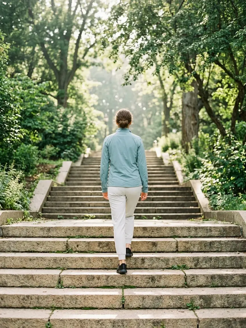 Person in sportswear walking up outdoor stone steps in a park, seen from behind