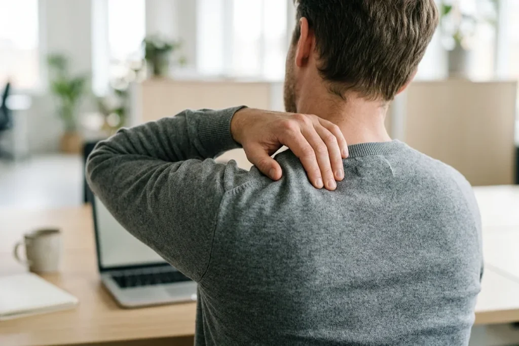 Person at a desk rubbing a tight muscle at the top of the shoulder
