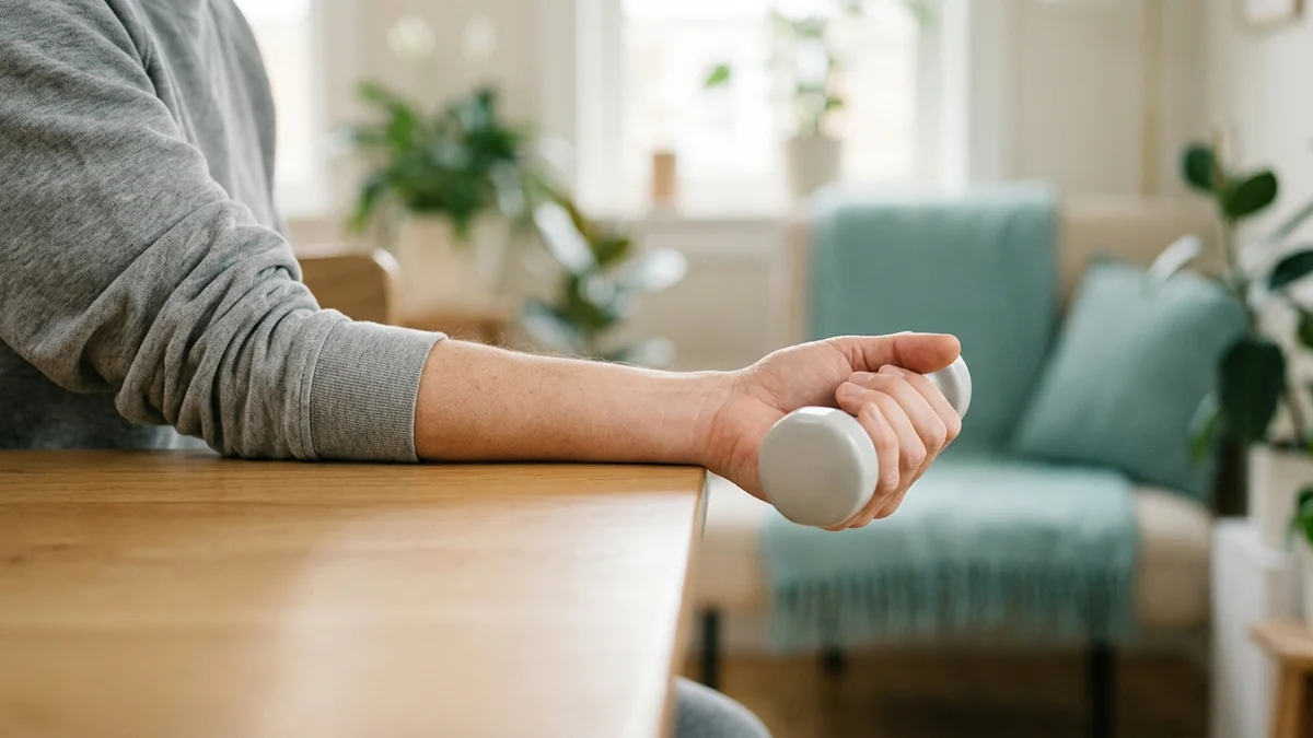 Forearm resting on a table, palm up, slowly curling a light dumbbell at the wrist