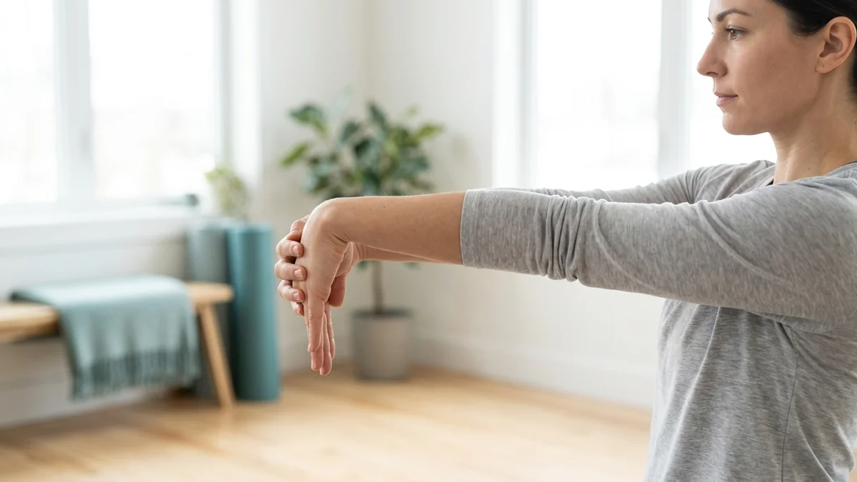 Adult with one arm straight and fingers pointing down, gently pulling them back to stretch the inner forearm
