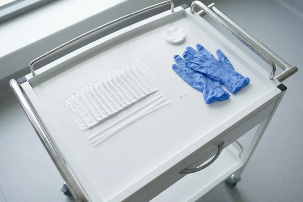 Sealed single-use acupuncture needles, guide tubes and blue gloves laid out on a clean clinic trolley