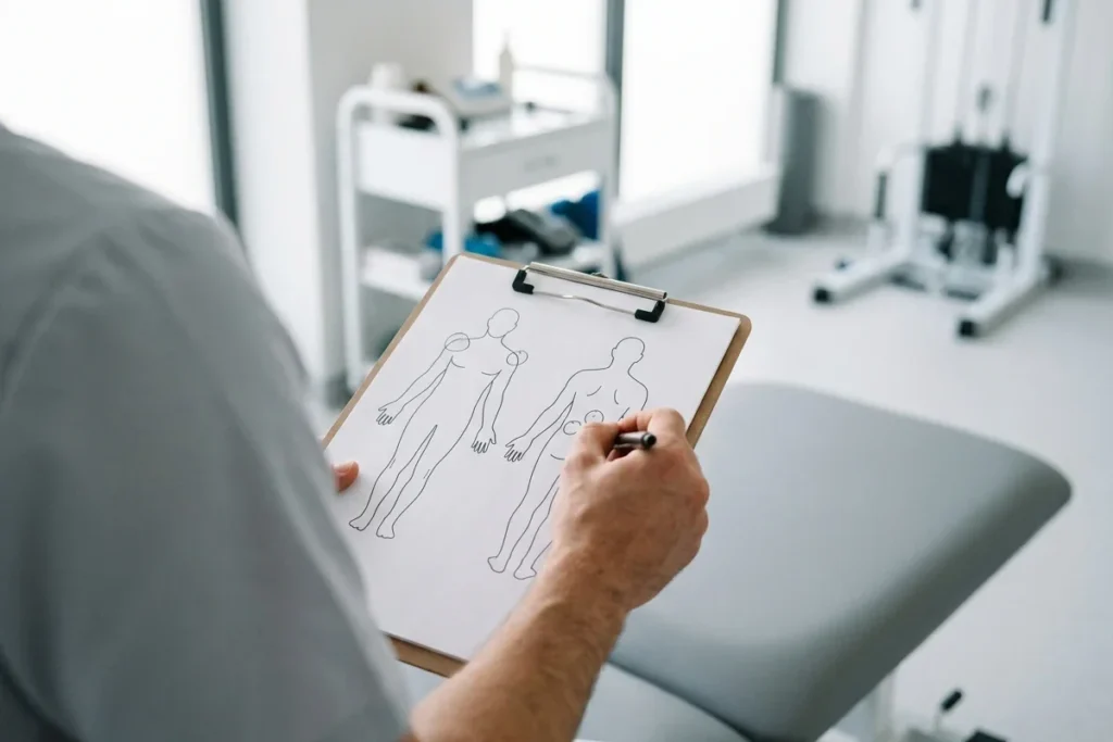 Physiotherapist's hand making notes on a clipboard beside a treatment couch
