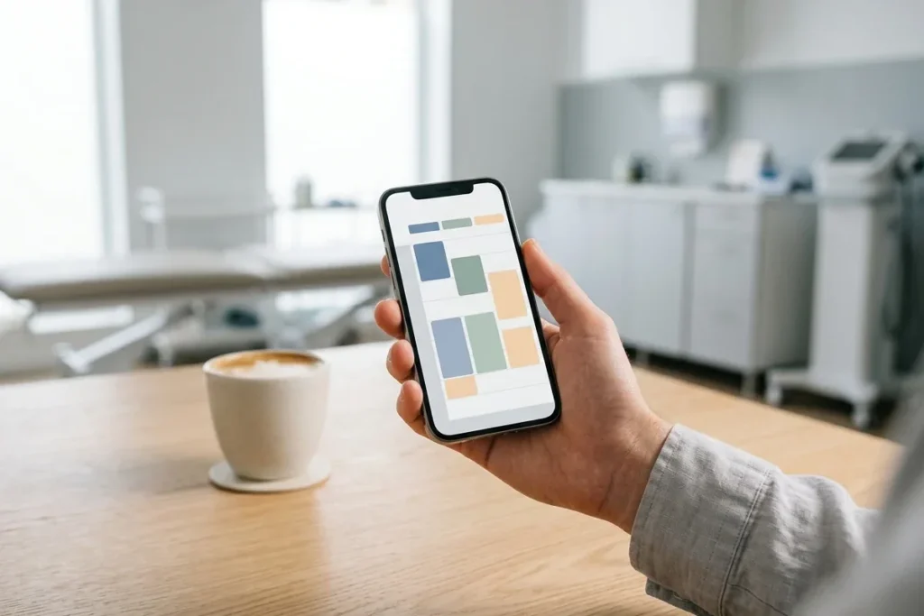 Hand holding a smartphone with a simple booking calendar on screen, on a desk