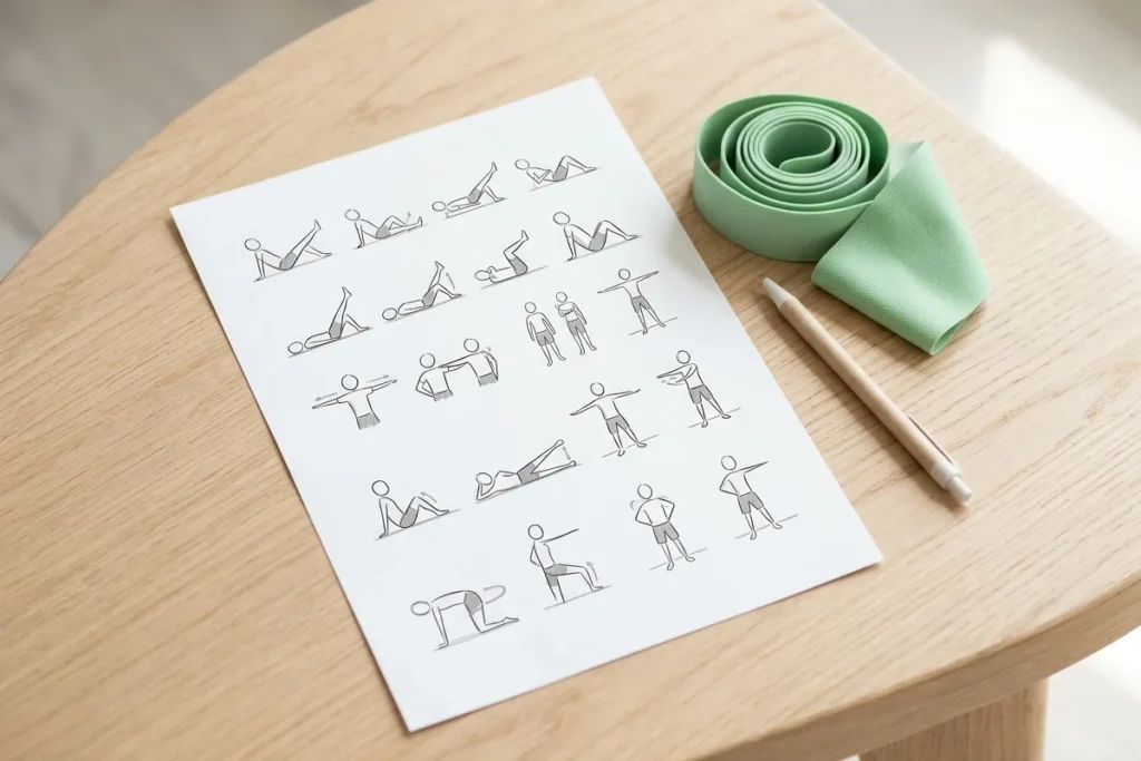 Printed home exercise sheet with simple drawings next to a light green resistance band