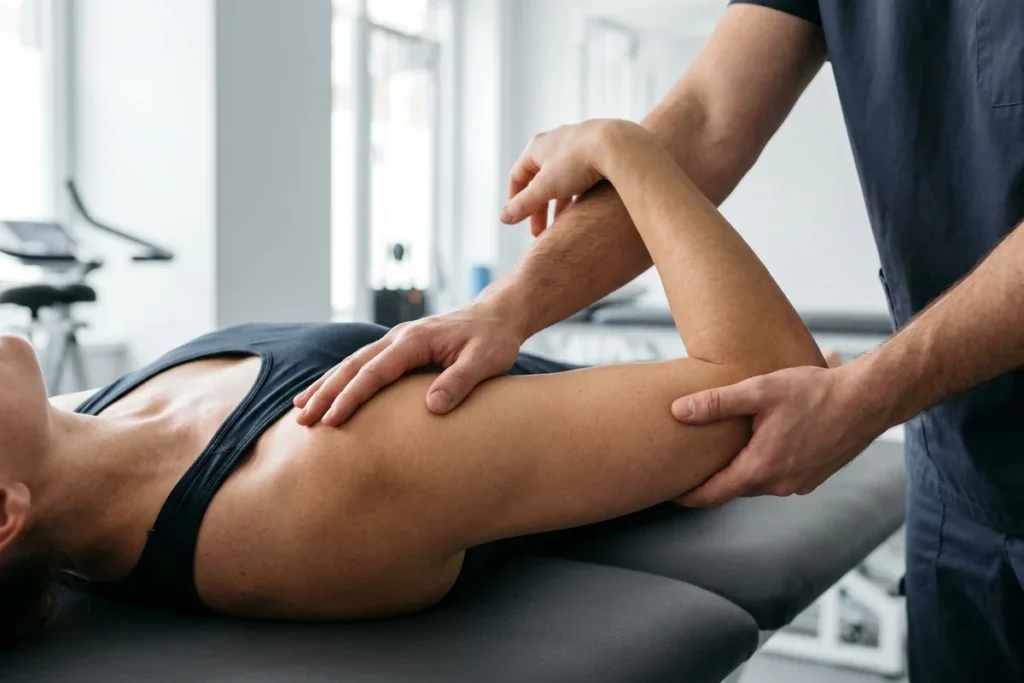 Physiotherapist's hands gently moving the shoulder of a person lying on a treatment couch