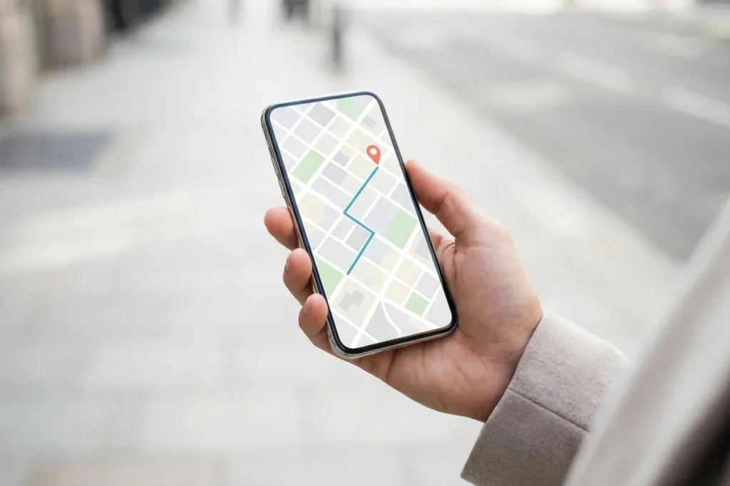 Hand holding a phone showing a map with a route to the clinic