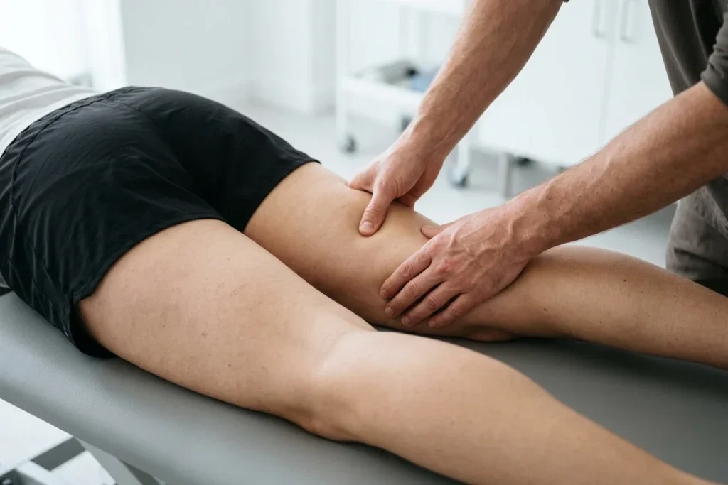 Physiotherapist's hands checking the hamstring of a person in running shorts lying face down on a treatment couch