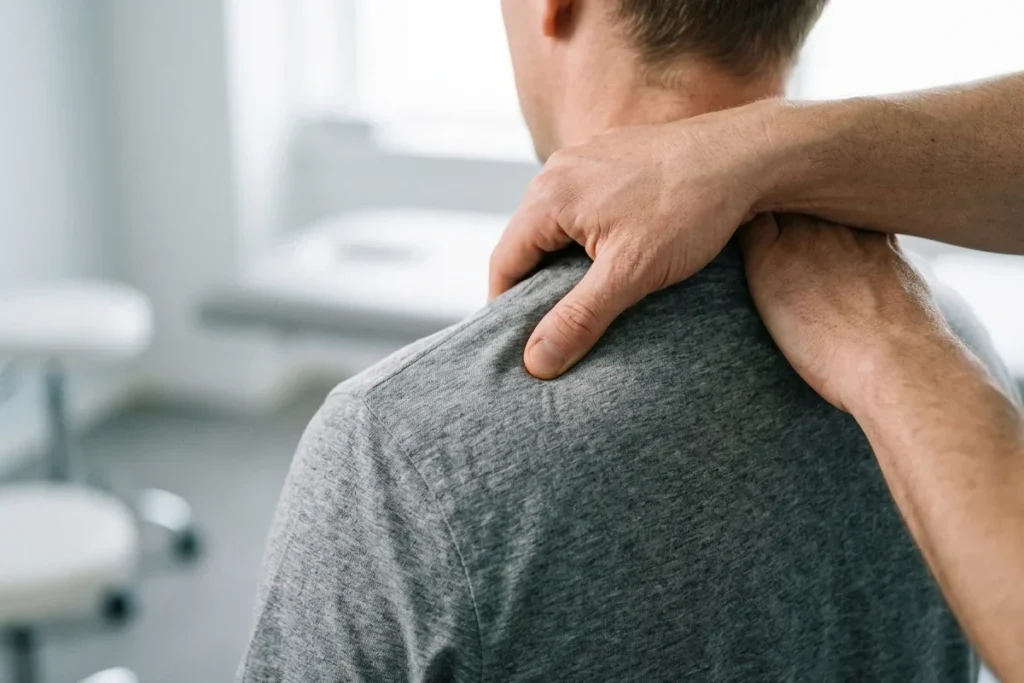 Physiotherapist's fingers finding a tight muscle between the neck and shoulder of a seated person
